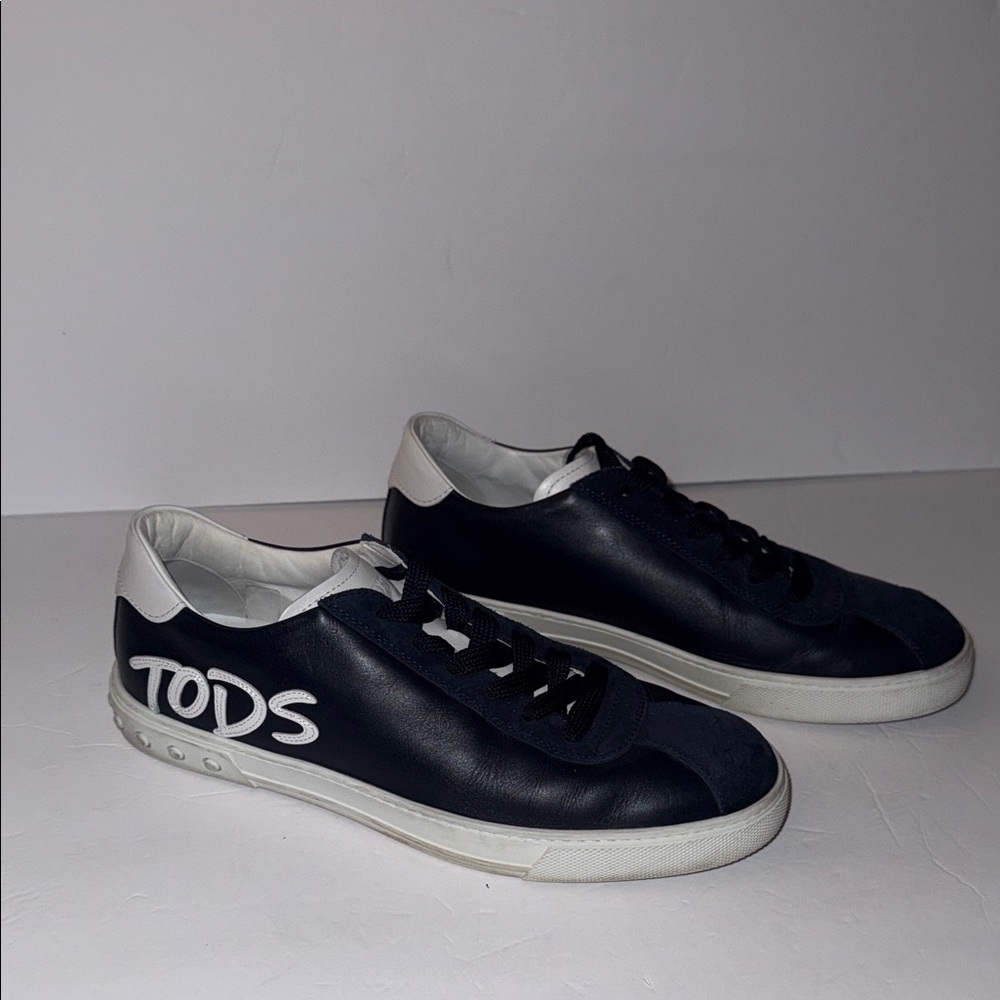 Tod's Cassetta Navy Blue and White Leather Low Top Sneakers Men’s Size UK 7.5